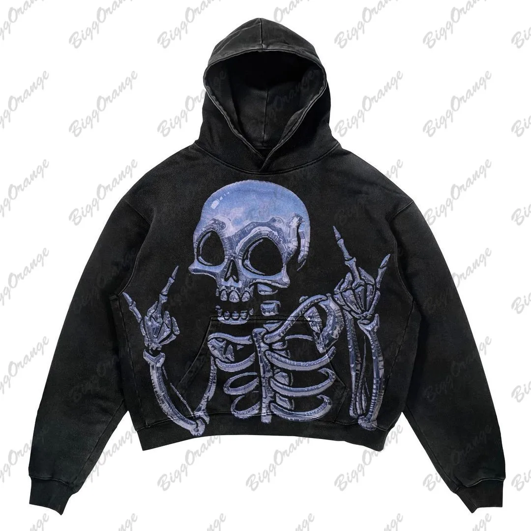 Y2K New Dark Oversize hoodie Skull Print High Street Hip-hop Retro Design Coat Thickened Top sudaderas para mujer  harajuku