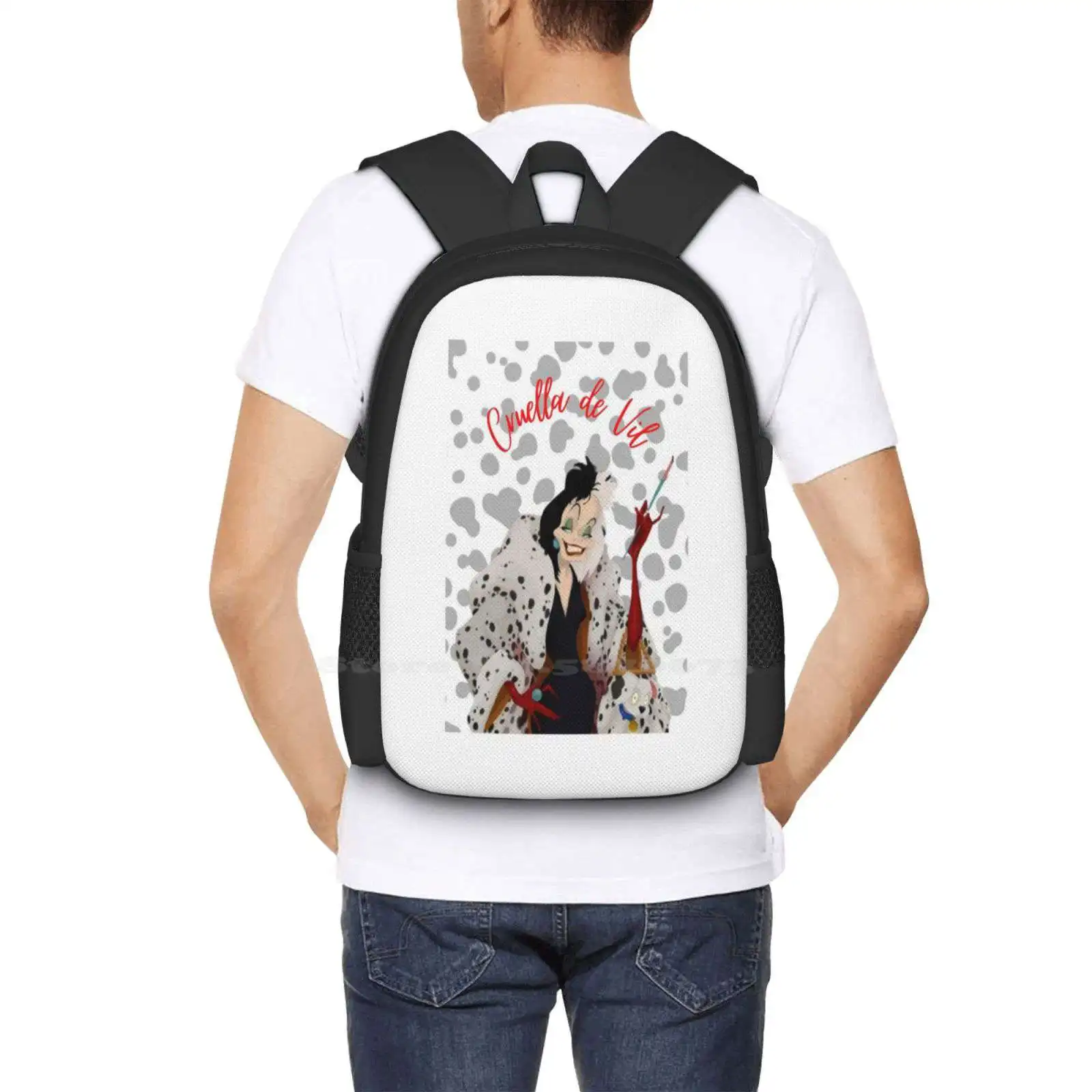 Cruella De Vil Dalmata stiker desain pola tas sekolah ransel Vile Cruella Villain anjing mantel Dalmatian 101 Dalmatian