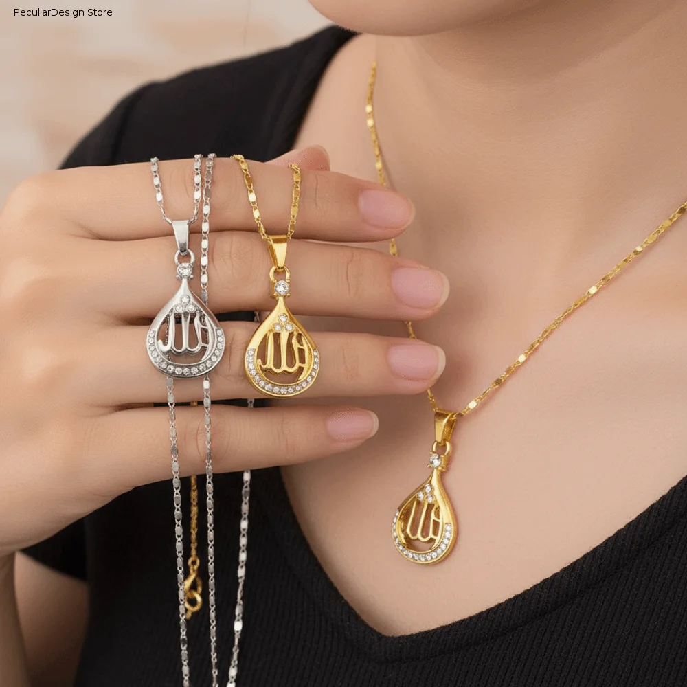 Crystal Allah Pendant Necklace Drop Shape Pendant Stainless Steel Chain Islamic Necklace Round Pendant Symbol Quran Necklace