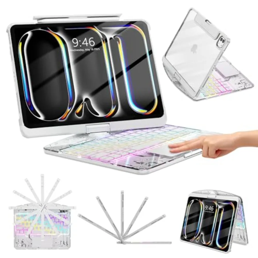 

Wireless keyboard case for iPad Pro 11 inch M5/M4 2025/2024: white polycarbonate with pencil holder visible PCB trackpad 3-brig