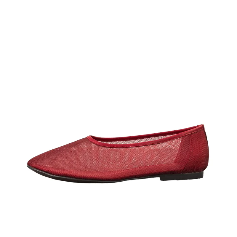 

Withered Summer French Elegant Mesh Red Mary Jane Shoes Minimalist Genuine Leather Flat Shoes Loafers For Women
