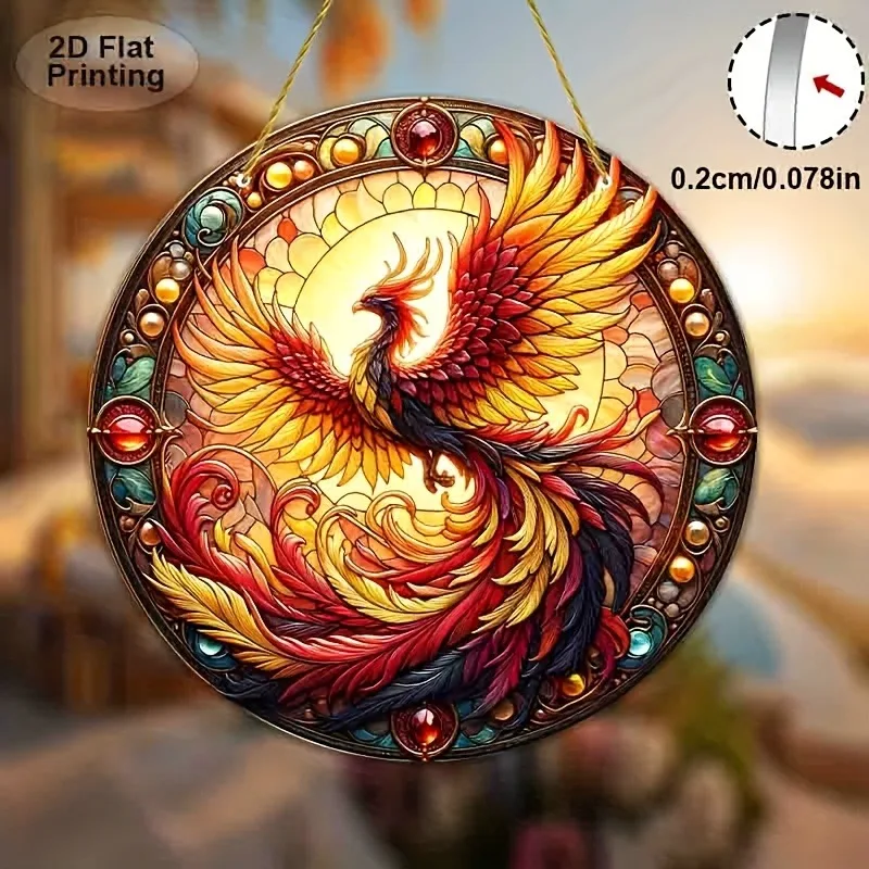 "أسطوري 2D Phoenix Sun Surcular Suncatcher - لوحة فنية جدارية أكريليك متينة لديكور المنزل على مدار العام |   هدية متحركة فريدة من نوعها