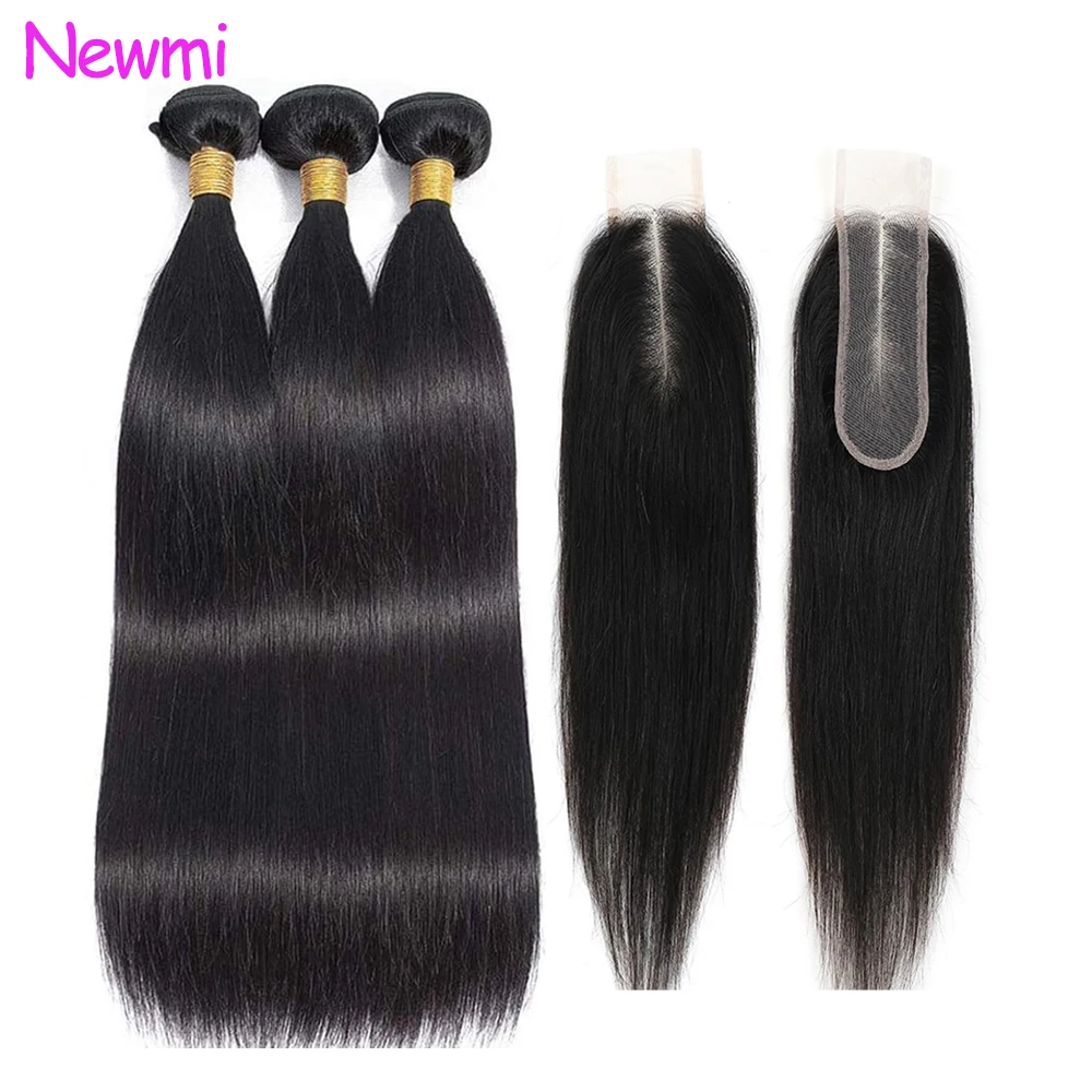 

Наборы прямых человеческих волос Newmi с кружевной застежкой 2x6, 12A, бразильские волосы Реми, 100% натуральные человеческие волосы, натуральный черный цвет, для женщин