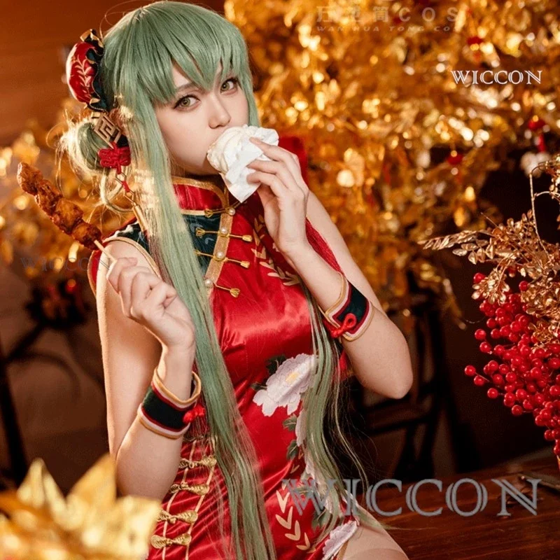 รหัสอะนิเมะ Lelouch of the rebellion C.C. วิกแม่มดชุดคอสเพลย์ผู้หญิงชุดกี่เพ้ากี่เพ้าสีแดงชุดปาร์ตี้เซ็กซี่ของผู้หญิง