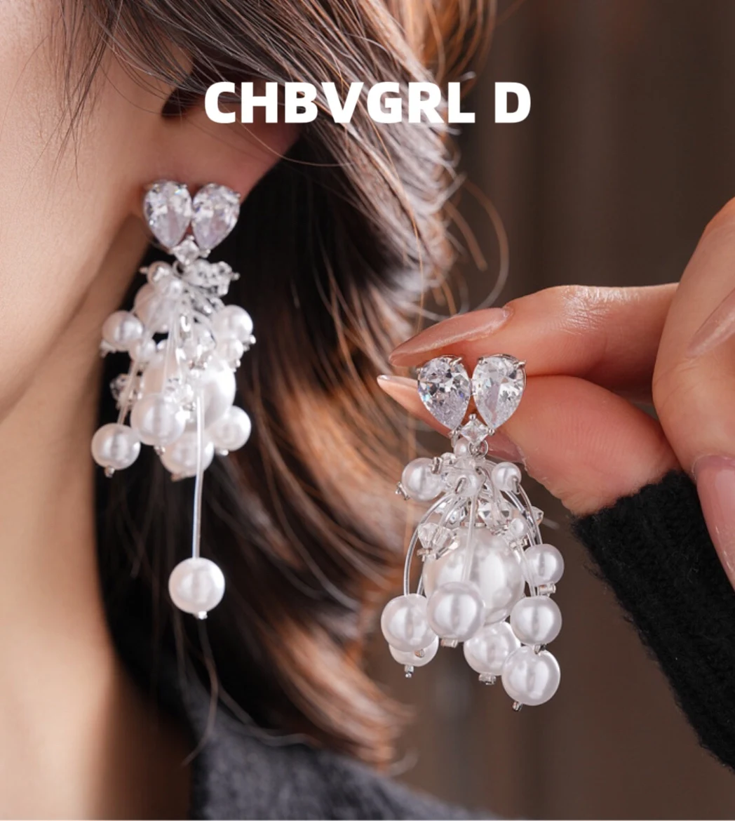 

[Sweet] Silver Needle Zircon Heart Floss Pearl Earrings French Luxury Versatile Earrings High-end Fashion Earring