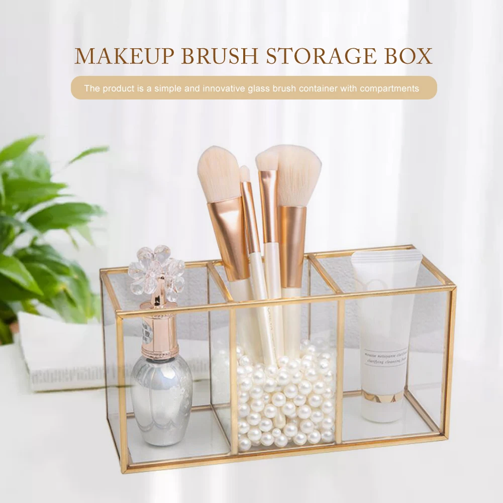 Makeup Brush Holder | Transparent Glass Cosmetic Brushes Storage with 3 Slots | Durable and Clean Ey