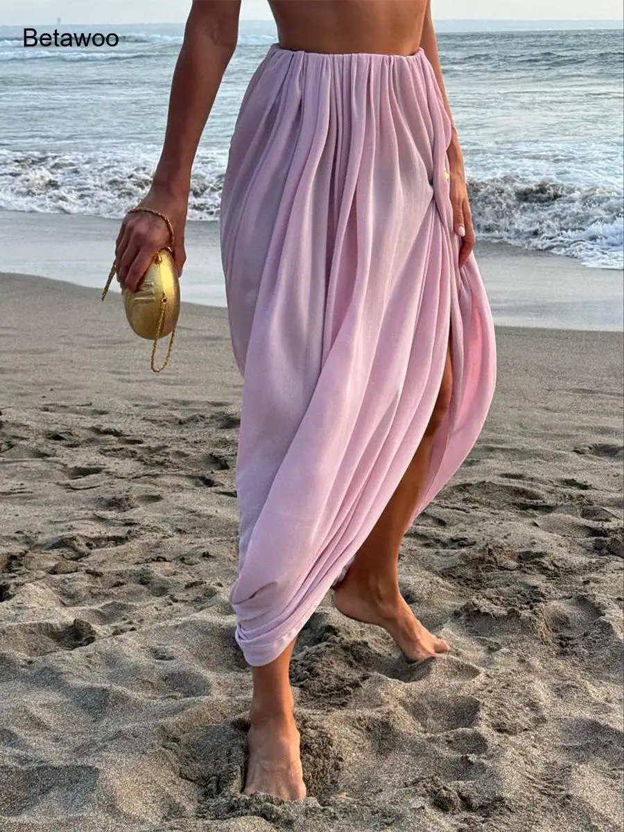 

Womens Pink Drawstring Split Maxi Skirt Flowy Chiffon Beach Skirt for Summer Vacation