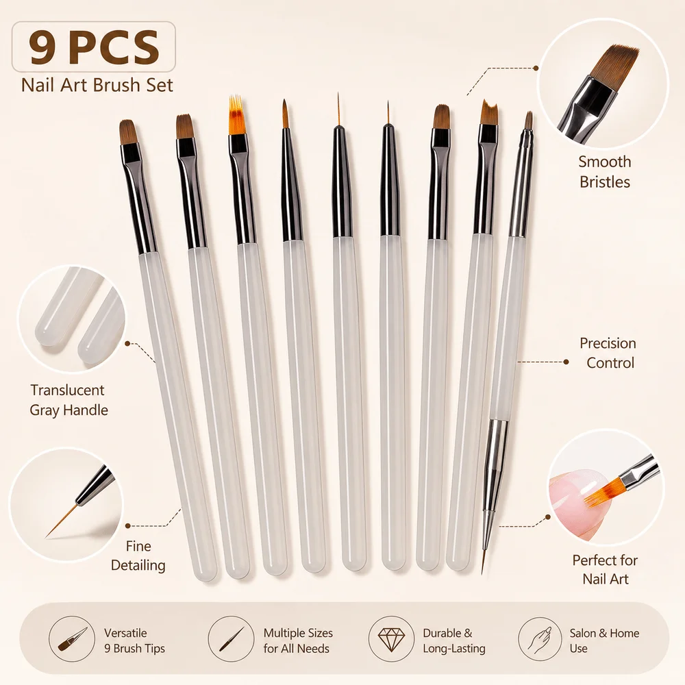 Acrylic Nail Brush Set Translucent Gray 3D Carving Gel Nail Brushes Japanese Style Multi-Purpose Nail Extension Brushes