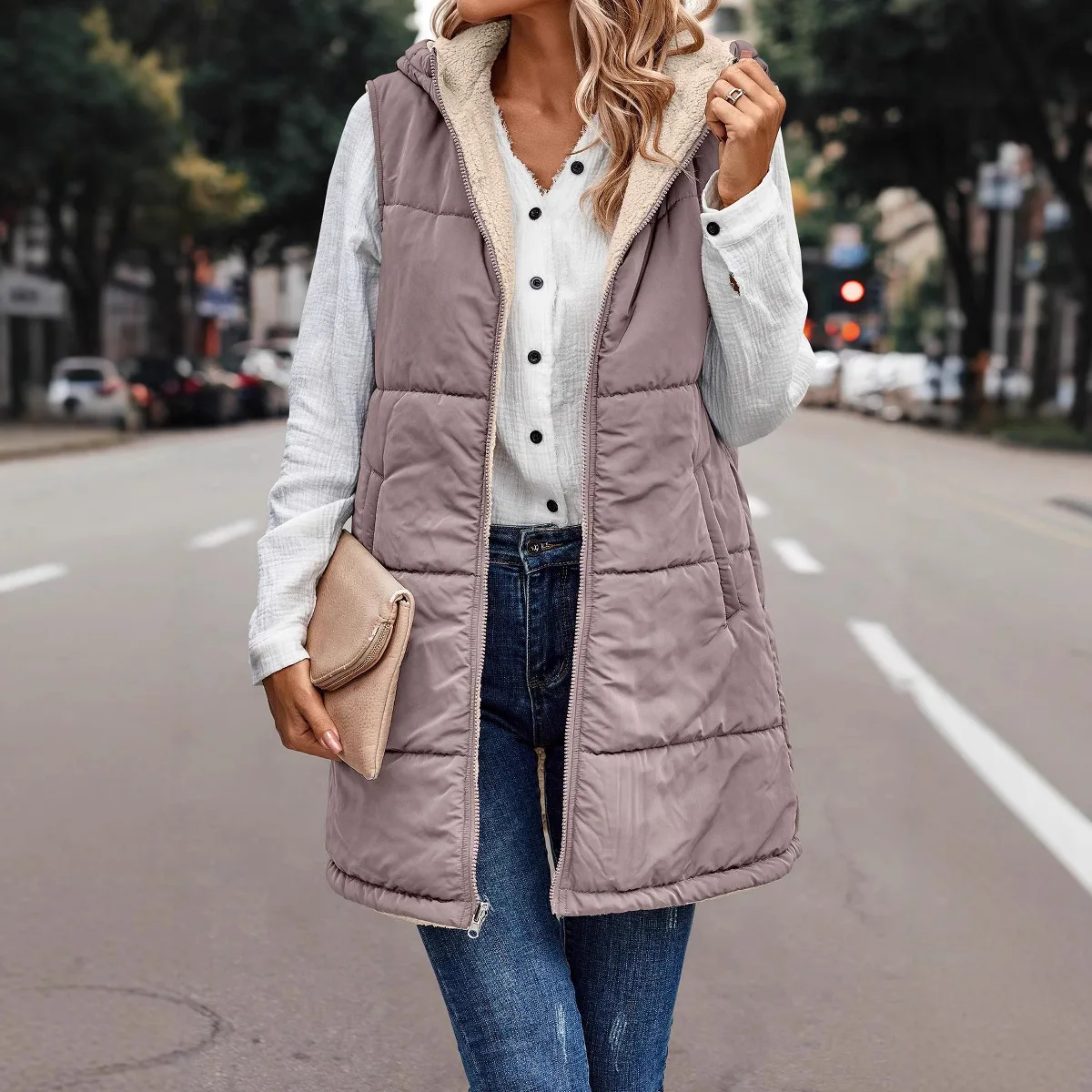 Both Sides Can Wear Women's 2023 Warm Winter Coats Reversible Sherpa Fleece Long Hooded Puffer Jackets Outerwear
