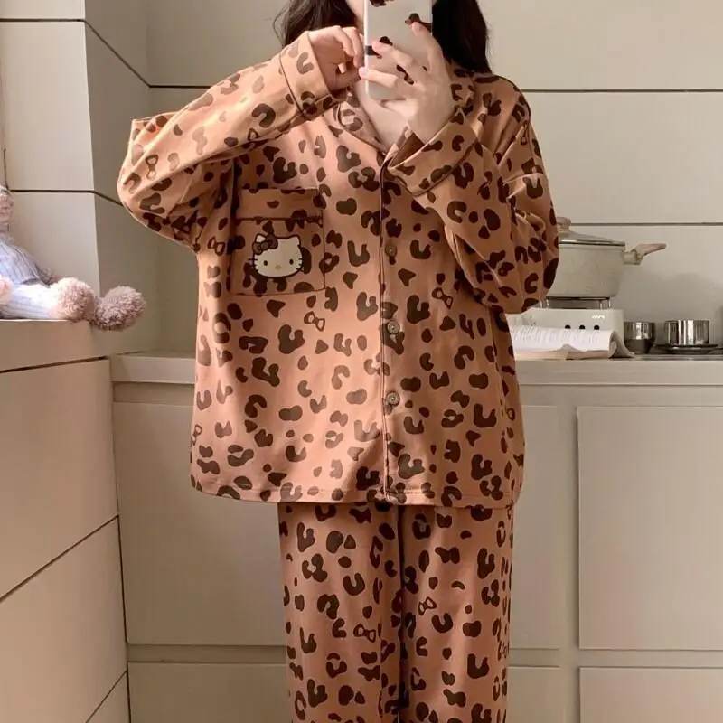 

Sanrio Hello Kitty Women's Pajamas Set Spring Autumn New Leopard Print Cat Loose Fit Long Sleeve Home Cozy Sleepwear Loungewear