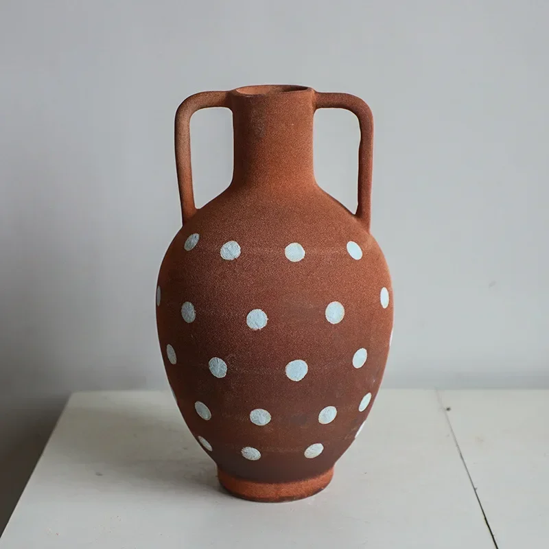 2026 Unique Ceramic Vase Checkered Coarse Earthenware Jar Flower Vase Flower Arrangement Ceramic Handicrafts Flowerpot Home Deco