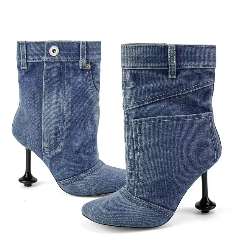 2024 Flat Head Short Boots Irregular Heel Side Zip Metal Buckle Retro Denim Blue/grey Black Short Boots 35-43 Model Women Shoes