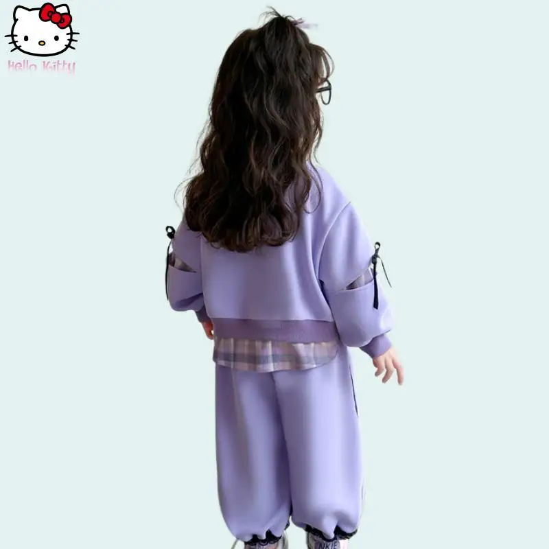 

Anime Girls Kuromi Bow Long Sleeve Hoodie Set Sanrio Spring and Autumn Kawaii New Cartoon T Shirt Fake Two Piece Two Piece Sets