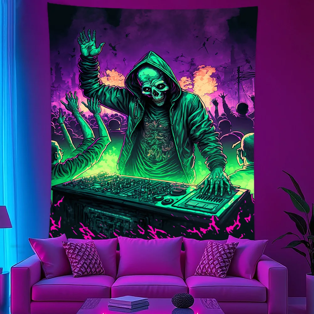 VIKAMA DJ Tapisserie murale squelette et champignons psychédéliques, réaction UV, décoration murale pour chambre à coucher, dortoir, maison
