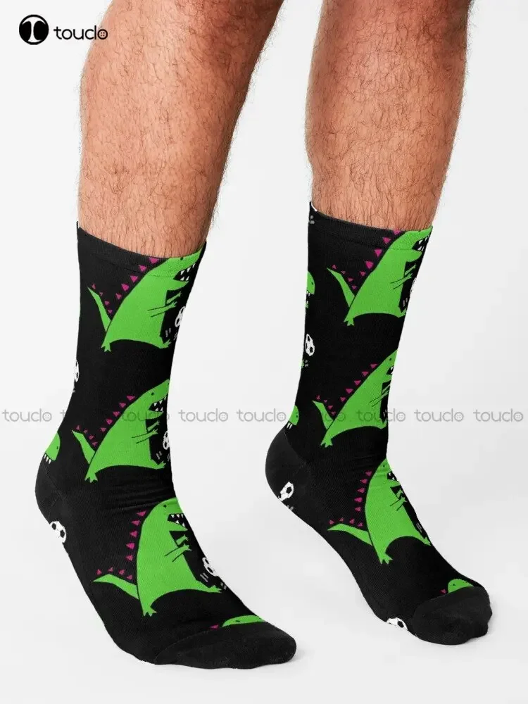 Funny Green T-Rex Dinosaur Playing Soccer Socks Kawaii Socks 360° Digital Print Christmas Gift Street Skateboard Socks Colorful