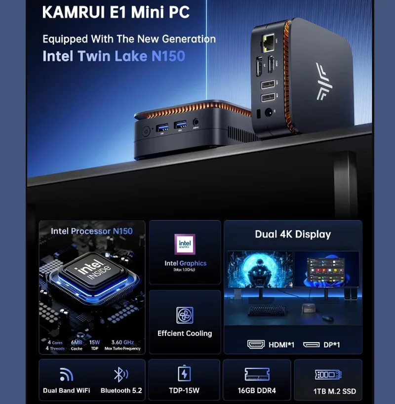 Kammui mini pc intel n150 16gb ddr4 1tb m.2 ssd até 3.6ghz windows11pro wifi6 bt5.2 hdmi + dp 4k disply mini computador desktop
