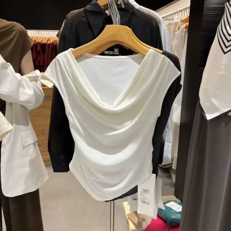 

Летние новые футболки с коротким рукавом и V-образным вырезом, однотонные, модные, универсальные, повседневные, трендовые, женская одежда, элегантные, простые, плиссированные топы