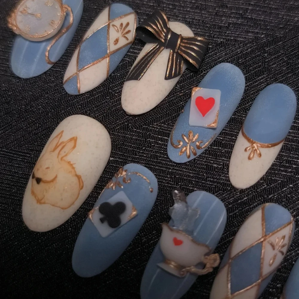 10 Pcs Handmade Press On Nails New Christmas and Valentine's Day Cute Rabbit Medium Oval Fake Nails Design Art for Women Gift