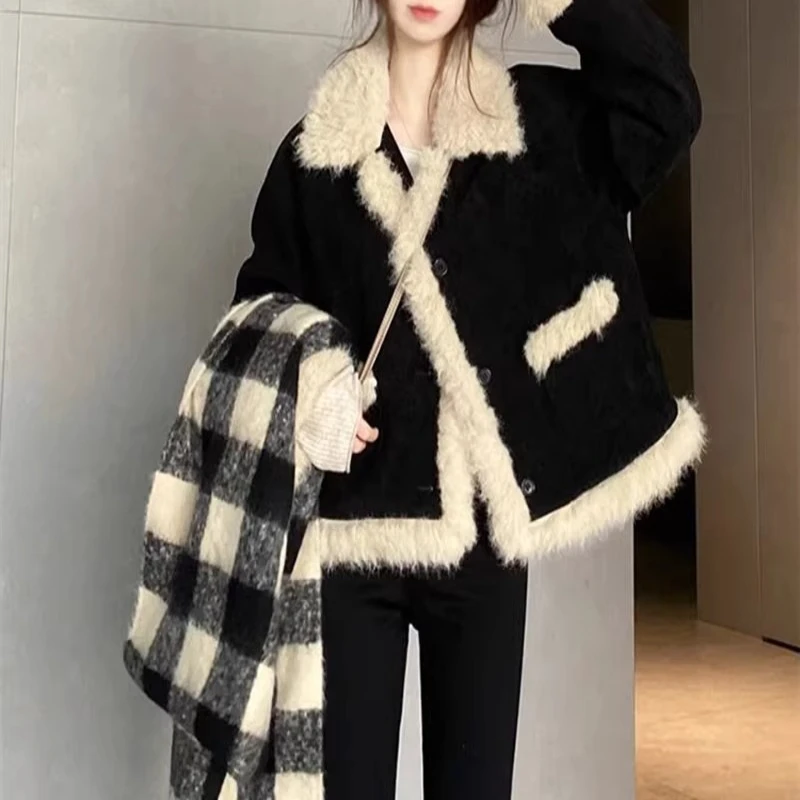 

New Autumn Winter Women's Coats Faux Fur Thick Warm Black Corduroy Environmentally Friendly PlushWomen's Warm Clothing Outwear
