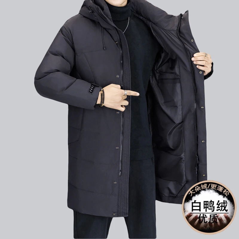 Luksusowa męska długa kurtka puchowa z kapturem na zimę 2025, ocieplana, wiatroodporna, casualowa, czarna, pogrubiona, wyściełana kurtka typu puffer.