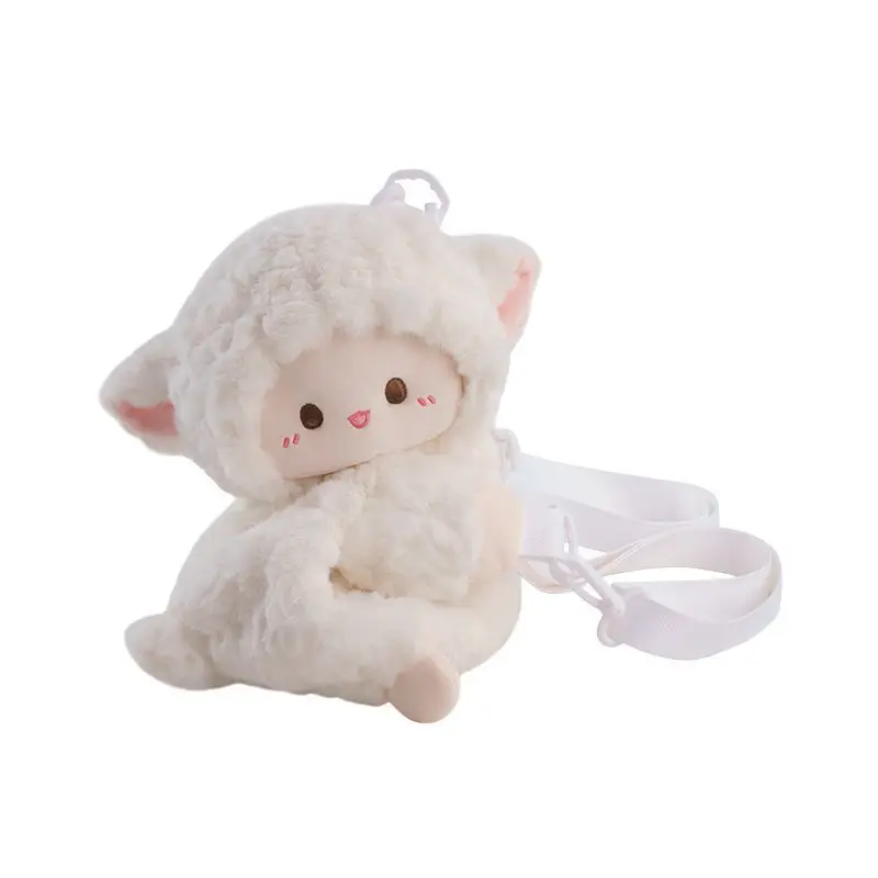 Mochila cruzada de felpa de oveja suave de dibujos animados Kawaii, monedero bonito, pose tumbada, viaje diario, bolso de muñeca versátil a la moda, regalo de vacaciones