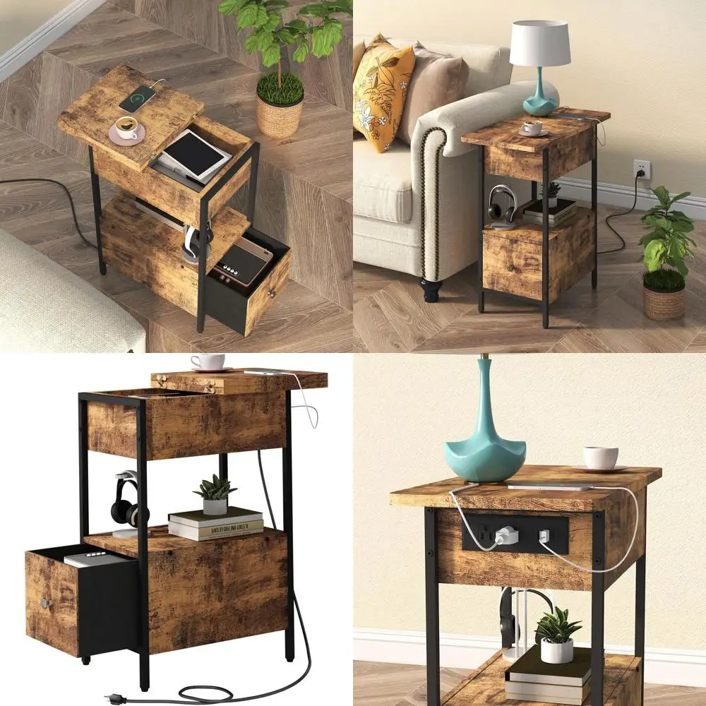 

Торцевой столик с зарядной станцией, узкий приставной столик с откидным верхом и тканевым ящиком, прикроватные тумбочки для небольших размеров