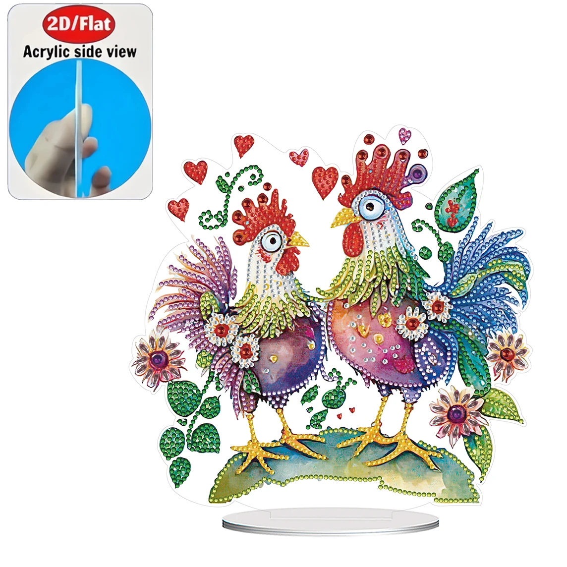 2D / Flat 1pc Two Chickens in Love Acrylic Welcome Plaque Diamond Painting Desktop Ornament Set, Shiny Wall Decor, Holiday Gift