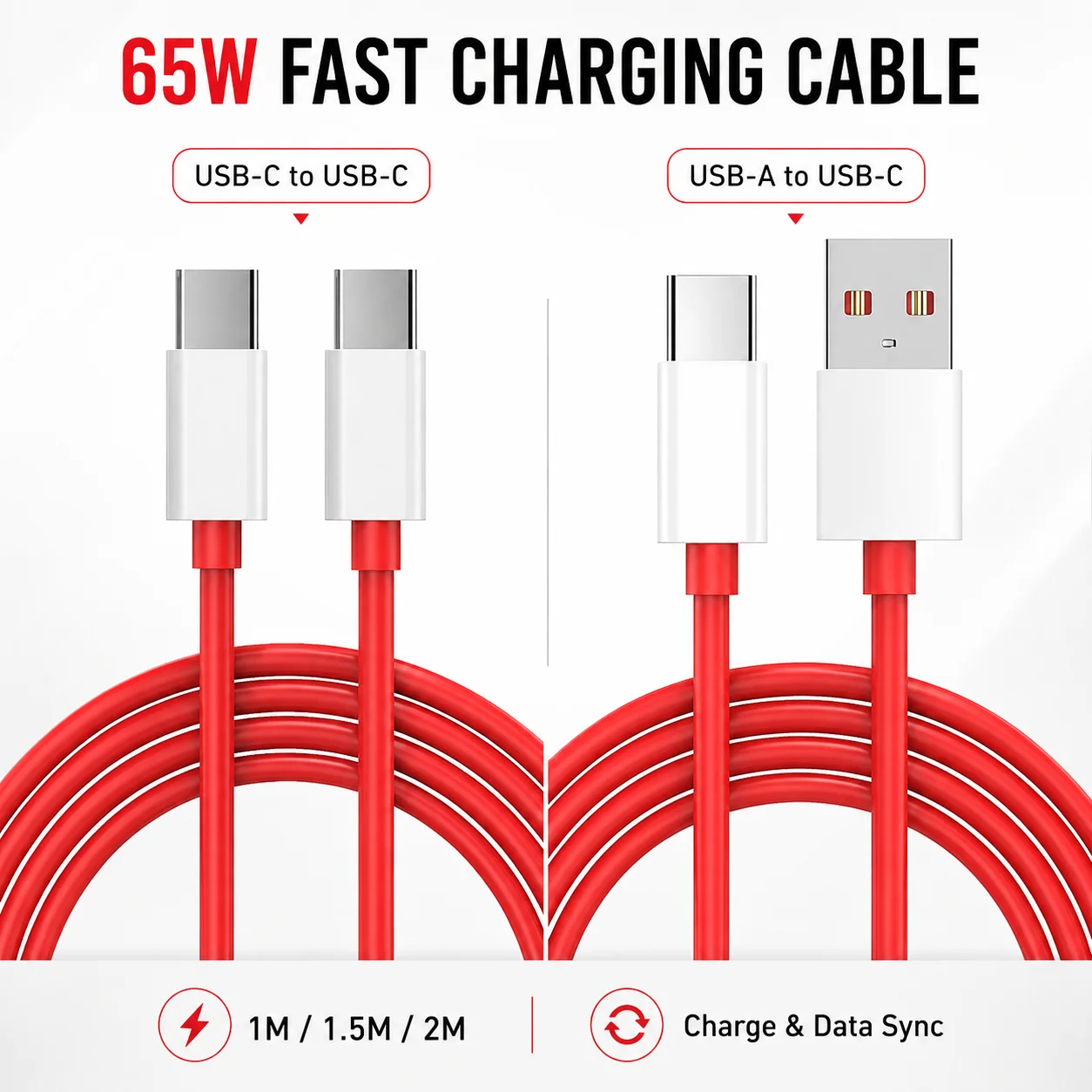 65W Fast Charging USB C Cable, Type C Data Cable USB C to C / USB A to C for OnePlus 13 12 11 10 Pro Nord Phone 1M 1.5M 2M