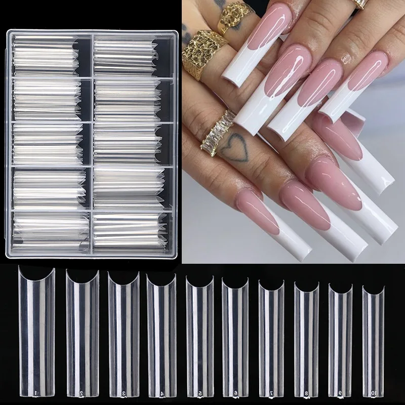 100Pcs/Box XXL Extra Long Square/Coffin False Nails Clear/Natural Half Cover Ballet C-hose Fake Nails Extension Press On Nails #