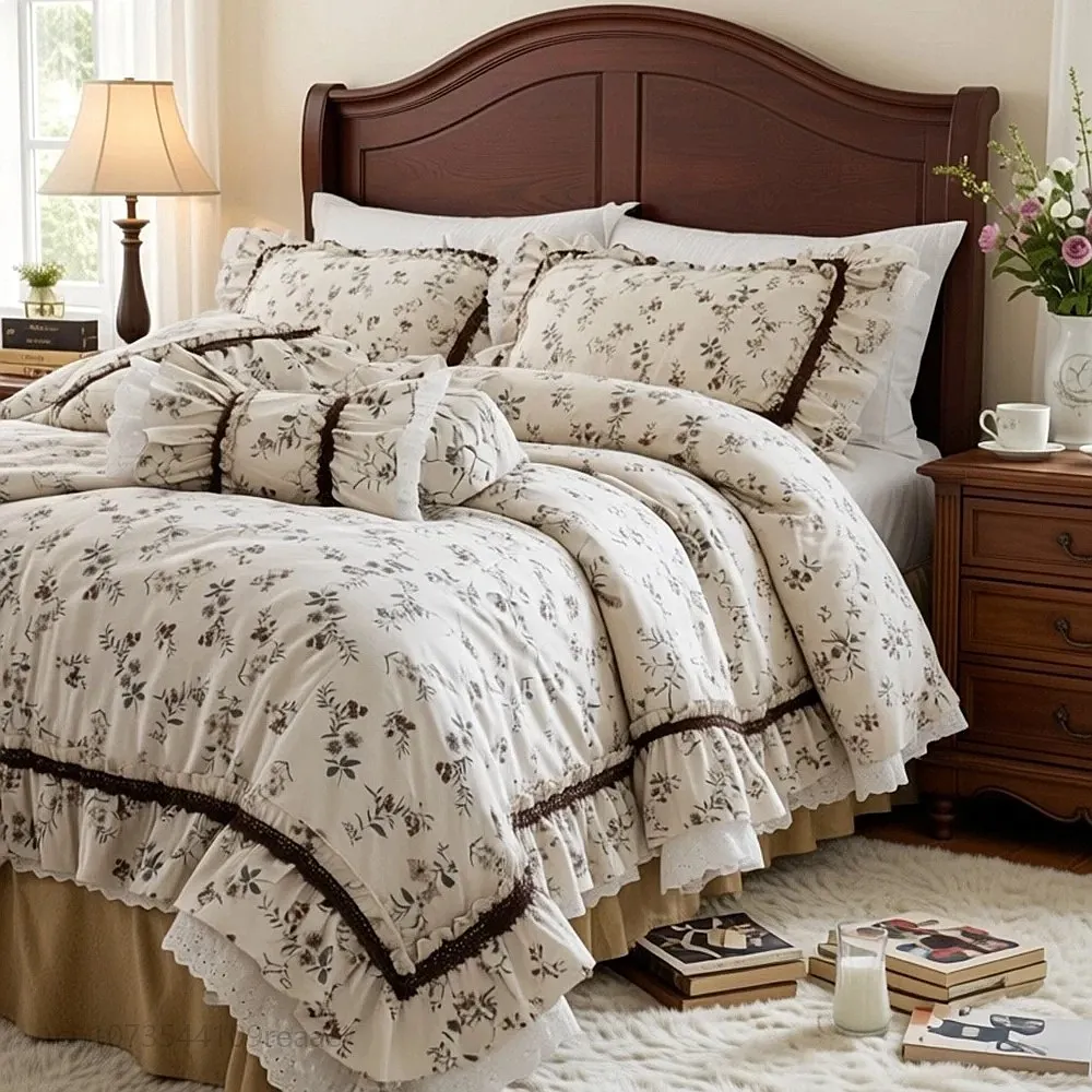 French Korean Princess Style Fresh Beige Floral Cotton Bed Skirt 4Pcs Bedding Set