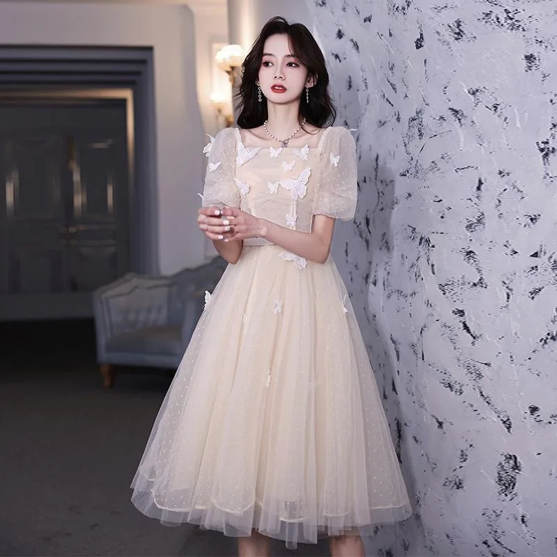 Elegant Appliques Butterfly Cheongsam Tight Banquet Dress Gown Chinese Evening Party Qipao Sexy Mesh Puff Sleeve Vestidos