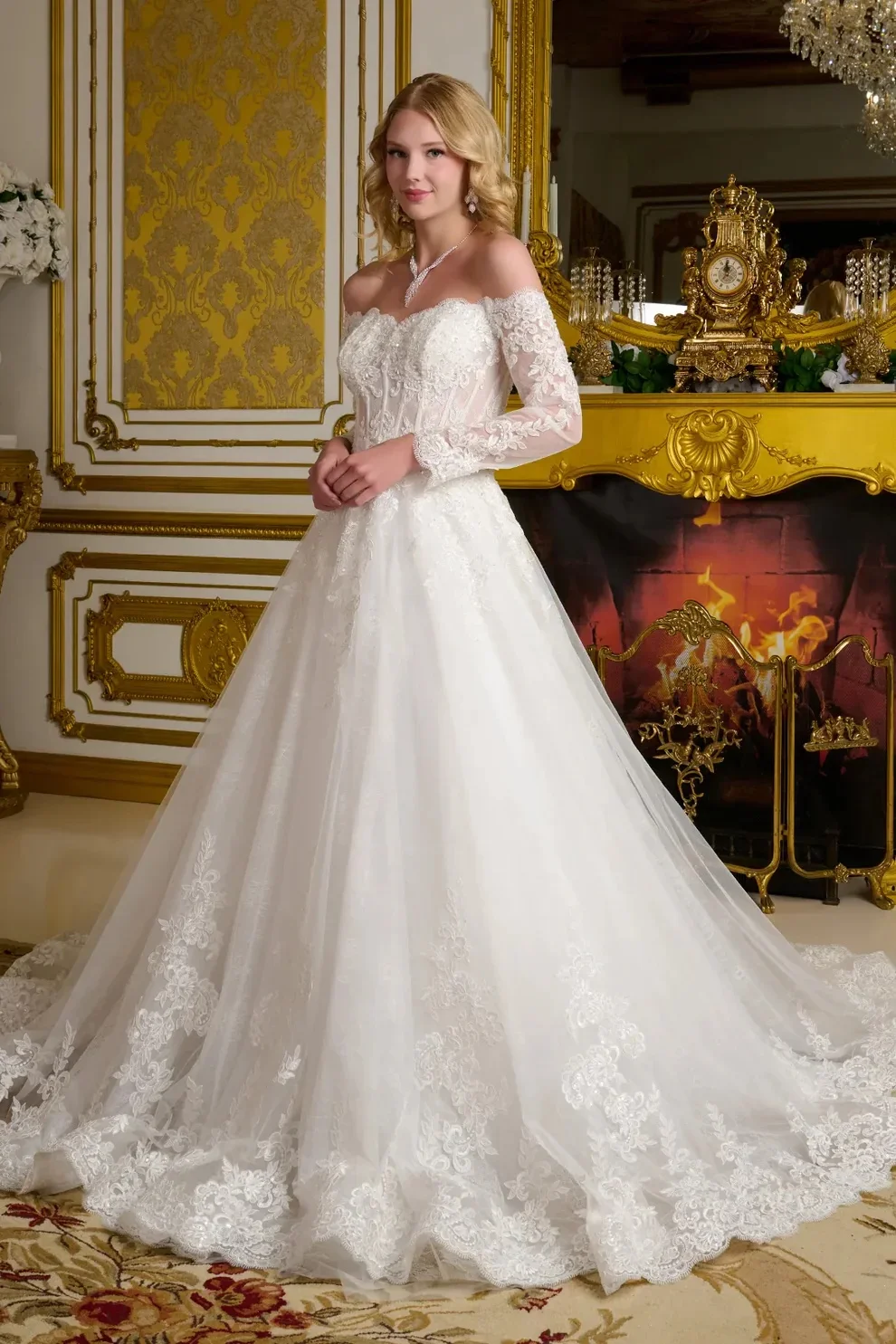 

DRESS FORU Elegant Wedding Dress Tulle for Floor-Length One Word Collar Prom Party Embroidery Lace-up Robe De Soirée Customized