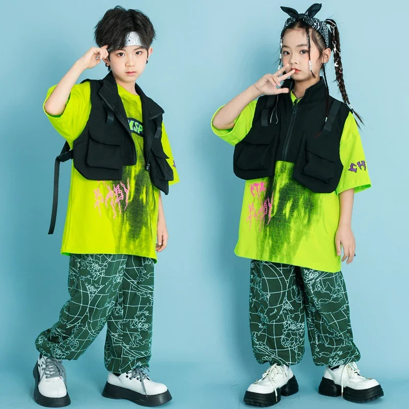 Kinder Ballsaal Hip Hop Kleidung Schwarz Cargo Weste Top Print Jogger Hosen Für Mädchen Jungen Jazz Dance Kostüme Teen Straße Kleidung