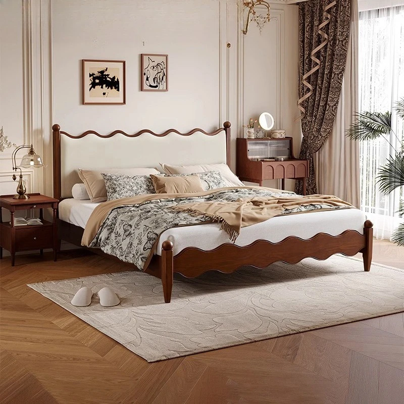 سرير ريترو كريمي فرنسي بطول 1.8 متر، سرير مموج، سرير مزدوج للشقة الصغيرة #1