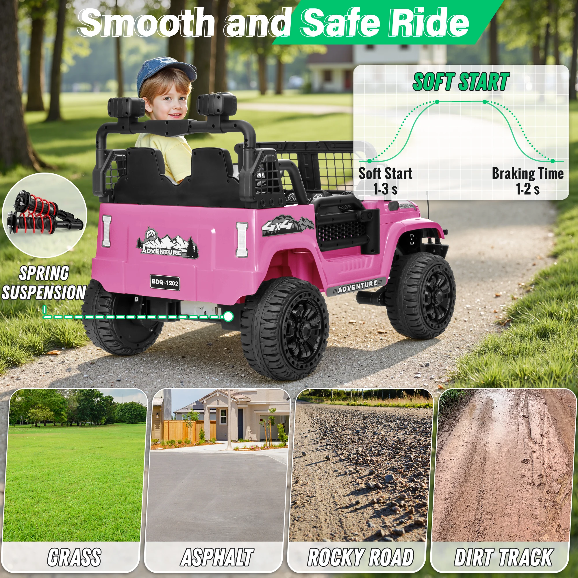 24 V niños de 2 plazas con control remoto: potente todoterreno 4 direcciones, control parental, suspensión de resorte, vehículo todo terreno