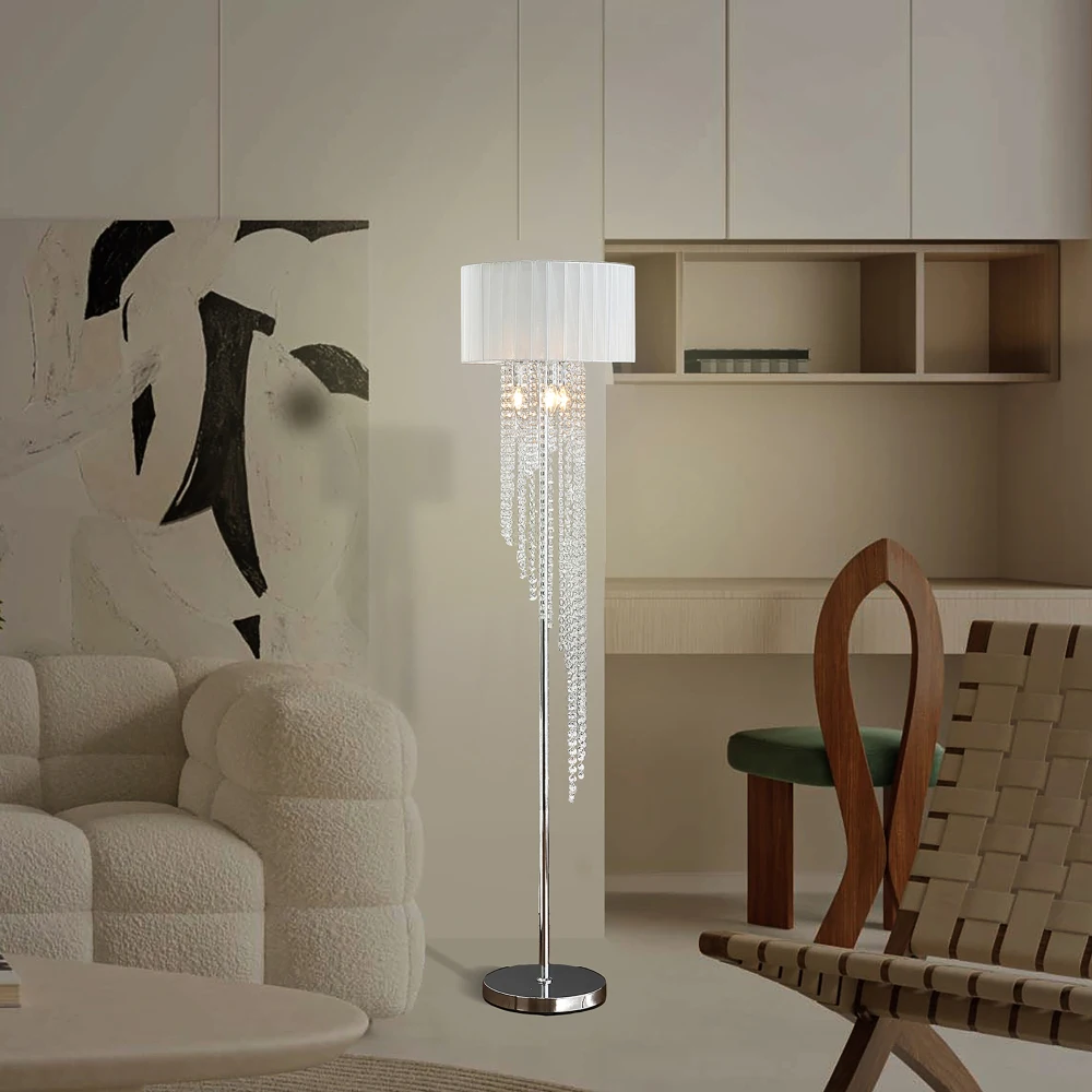 65.75 "H Sheer White Drum Shade Rain Crystal Chrome Metal Lâmpada de assoalho para sala de estar, lâmpada de pé para quarto