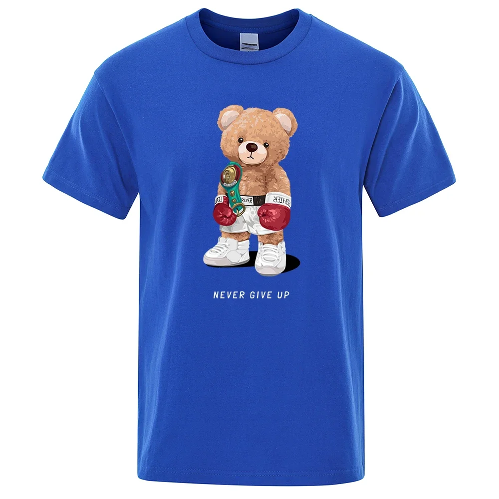 Strong Boxer Teddy Bear Never Give Up Print Funny T-Shirt Men Cotton Casual Short Sleeves Loose Oversize S-XXXL Tee Clothing