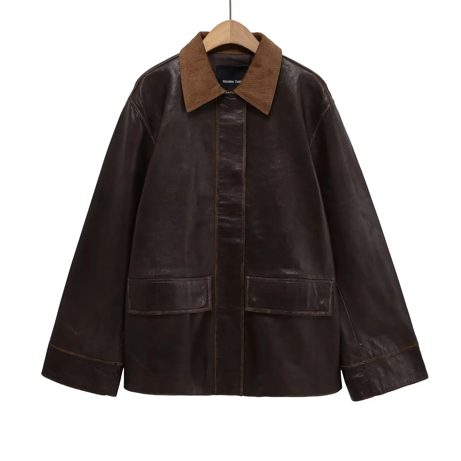 

KIDCRKJ Women Spring Women Leather Jacket Retro Brown Lapel Collar Big Pockets Lady Coat Instagram-Style Stylish Female Outwear