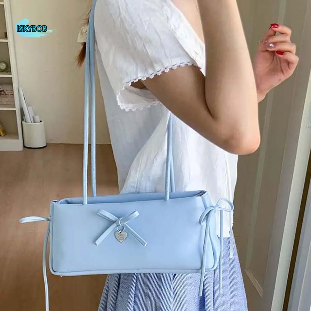 

Sweet French Stick Handbag Bow Decoration Large Capacity Solid Color Underarm Bags Anti-splash Water Korean Style