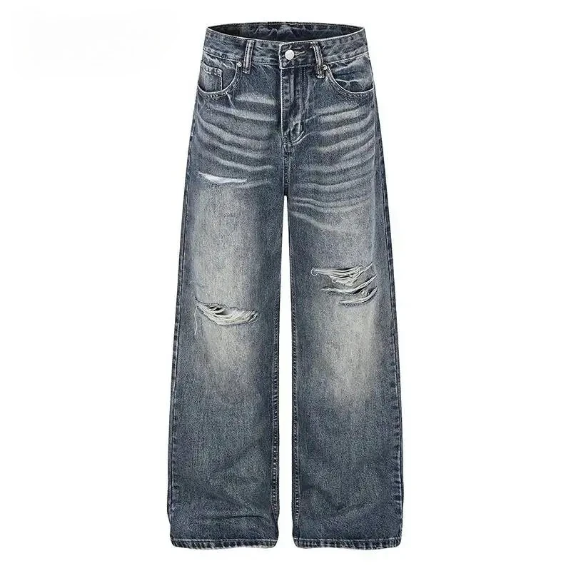 American Retro Washed Distressed Men's Jeans Ripped Straight Leg Denim Pants Loose Wide Leg Versatile Trousers