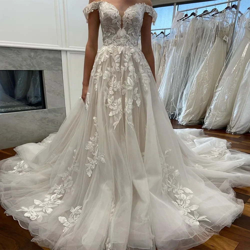 

Boho V-neck Wedding Dresses For Bride Off Shoulder A-line Backless Tulle Appliques Bridal Gown Customized Robe De Mariée