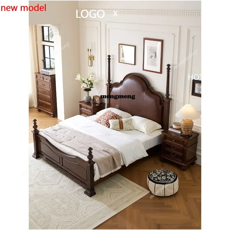 H132 American solid wood bed master bedroom high box leather soft bag retro villa 1.8 meters double bed