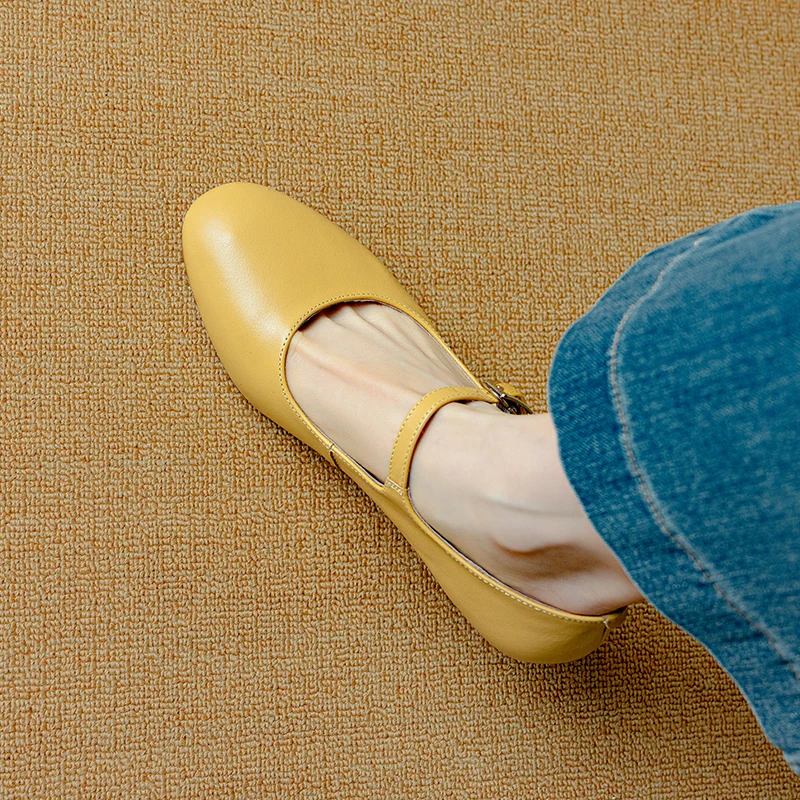 

Genuine Leather Mary Jane Round Toe Mid Heel Single Buckle French Style Classic Elegant Shoes