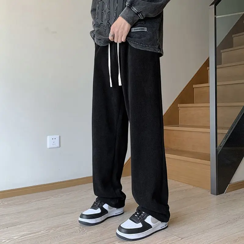 Vintage Corduroy Men Straight Leg Pants Drape Fit Anti Wrinkle Casual Trousers Winter Warm Fleece Lined