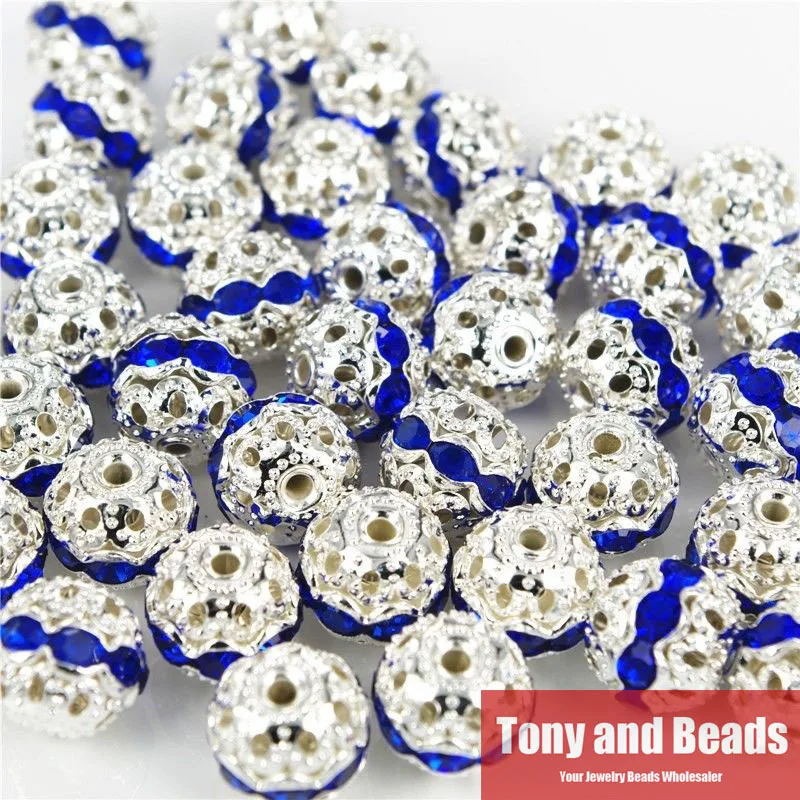 ( 20Pcs=1Lot ! ) 10MM Copper Material Silver Plated Crystal Rhinestones Spacer Loose Charm Beads For DIY Jewelry Making No.RB14