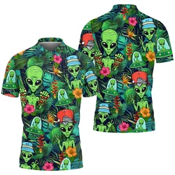 Fashion Full Print Alien Pattern Polo Shirt For Men's Clothes Lapel Button Hawaii Shirts Funny Leisure Harajuku Trend Golf Top
