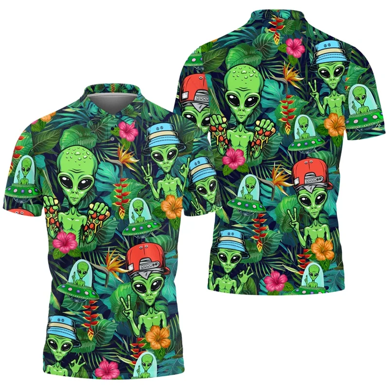 Fashion Full Print Alien Pattern Polo Shirt For Men's Clothes Lapel Button Hawaii Shirts Funny Leisure Harajuku Trend Golf Top