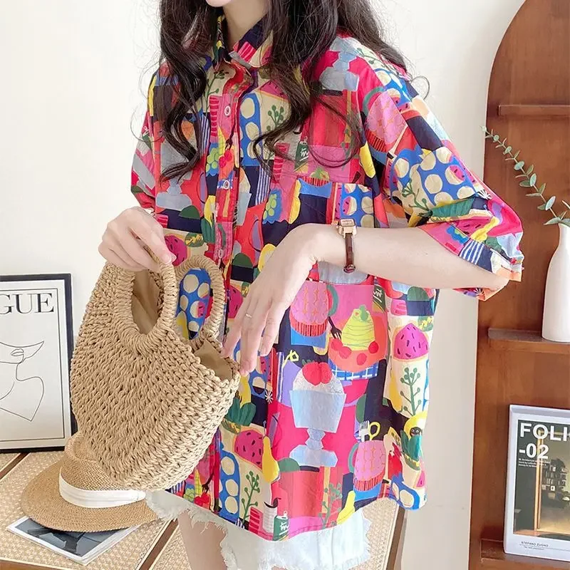 Women Summer Korean Loose Fashion Printing Doll Collar Short Sleeve Shirts Women Clothes Casual All-match Appear Thin Trend Tops