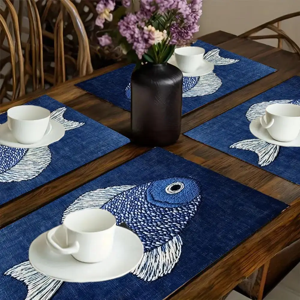 VIKAMA Indigo Koi Fish Placemat Japanese Traditional Linen Heat Resistant Dining Table Mat for Home Decor