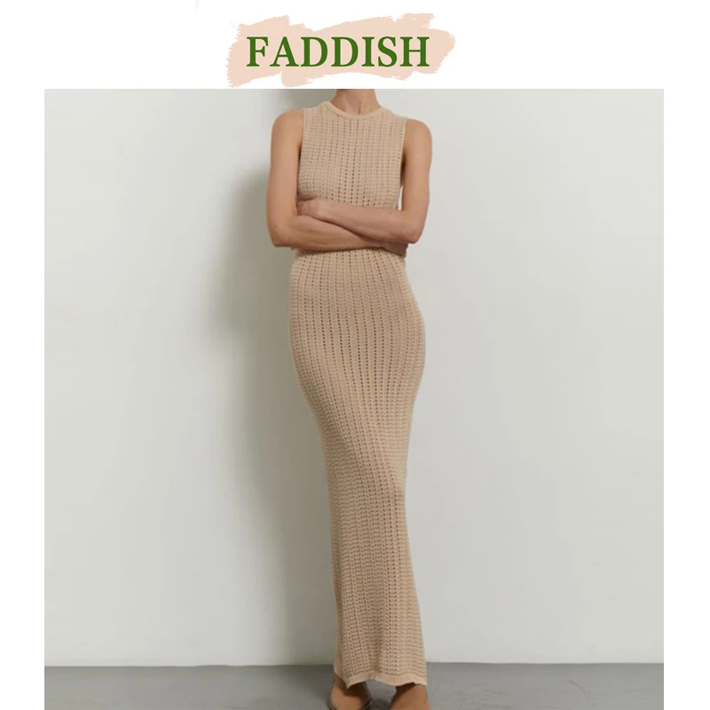 FADDISH 2024 Spring Summer Women Fashion O Neck Sexy Hollow Out Knitted Dress Female Solid Casual Sleeveless Slim Beach Dresses